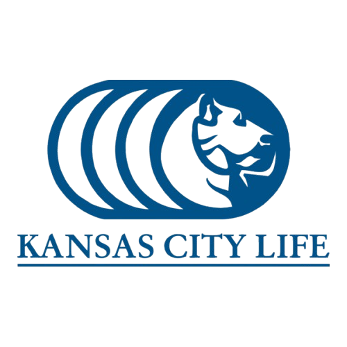 Kansas City Life logo: Blue oval with white tiger head, text 