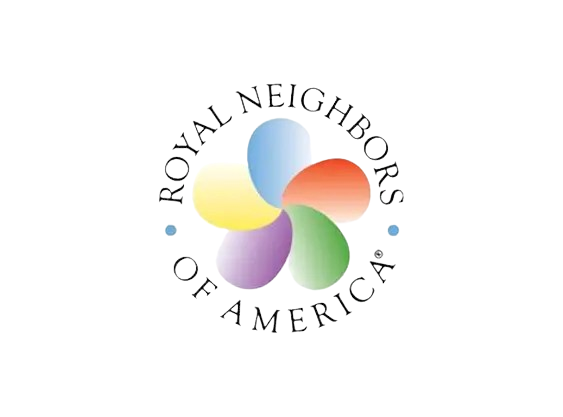 Royal Neighbors of America logo with a colorful flower and text.