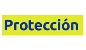 Un cartel amarillo con la palabra protección en letras azules.