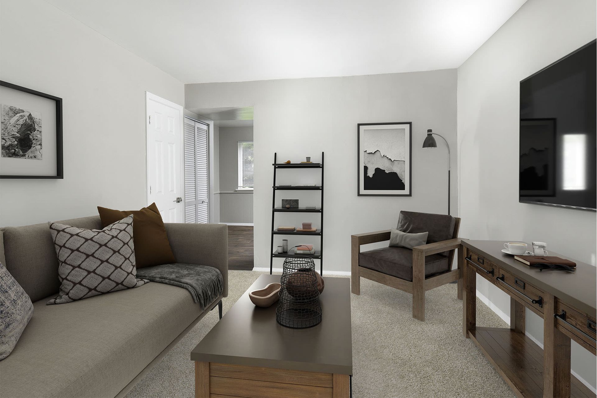 Living room with sofa, chair, shelves, and a TV on the wall. Light gray walls, neutral carpet, and wooden furniture.