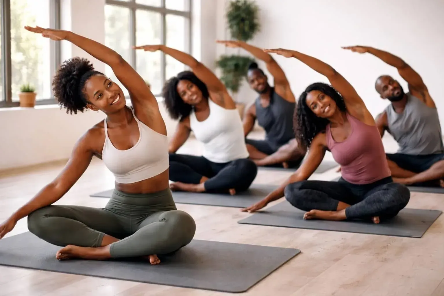 Group stretching in a bright studio, seated on yoga mats with arms arched overhead.