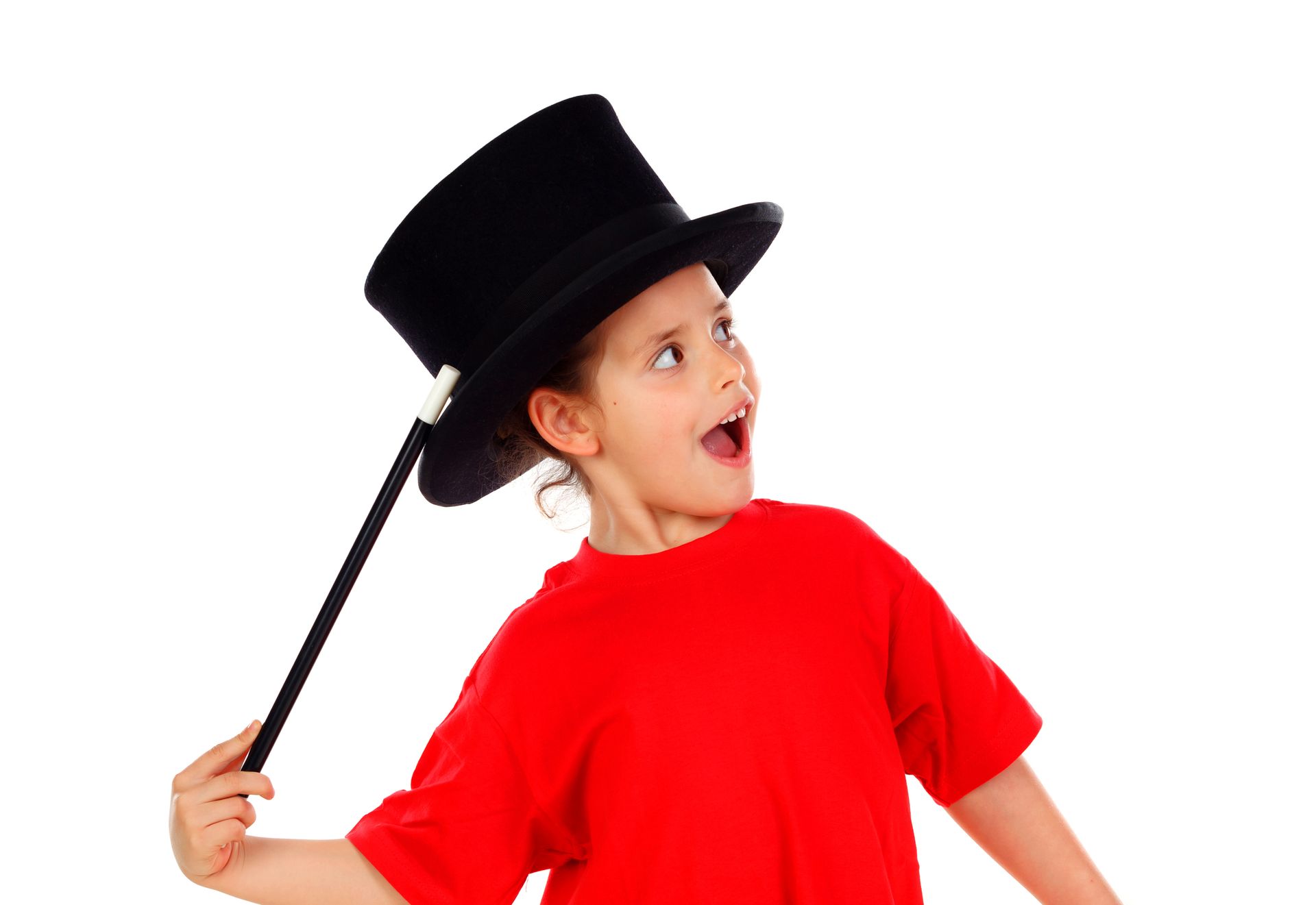 A little girl wearing a top hat and holding a magic wand
