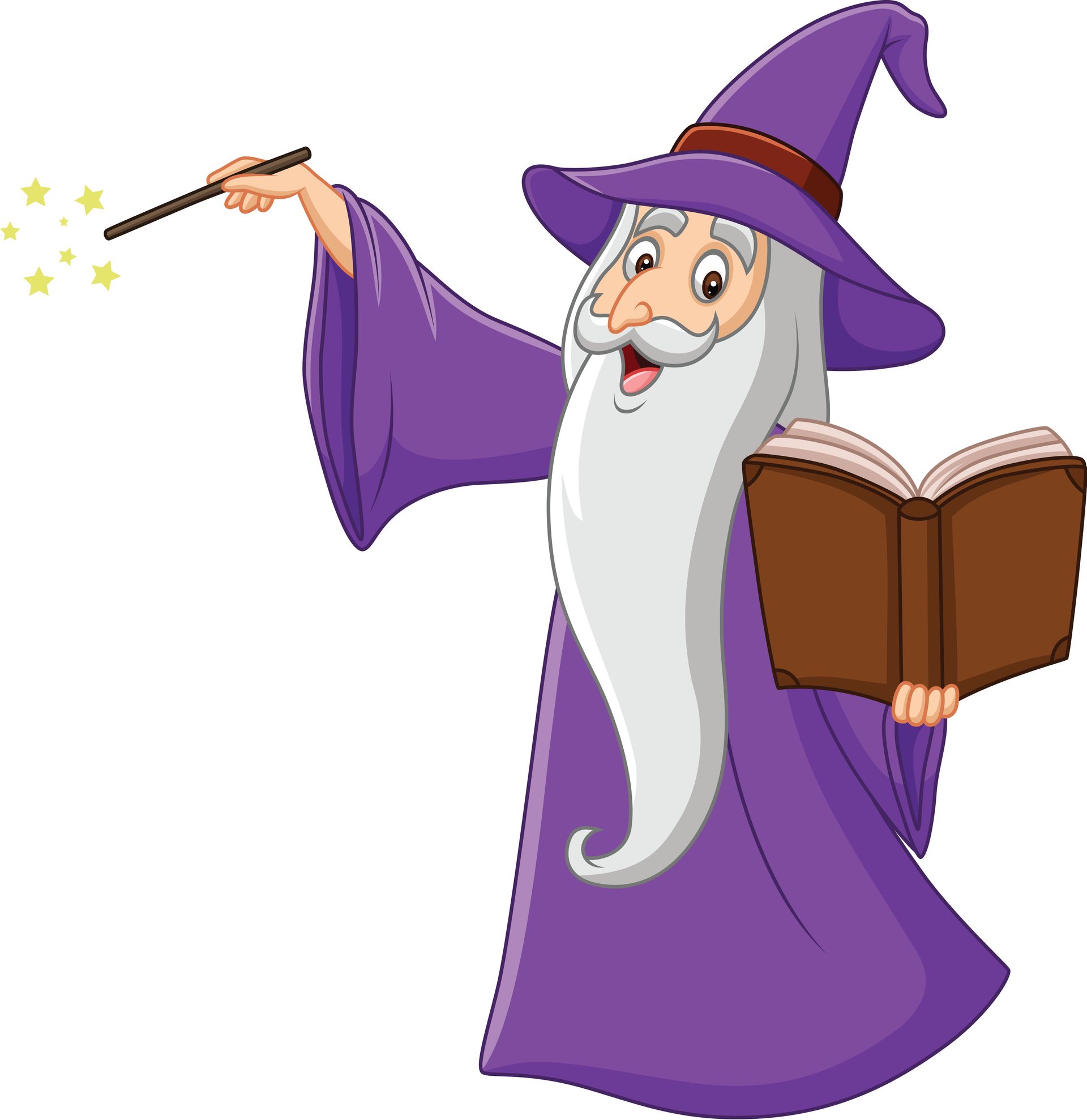 A cartoon wizard is holding a book and a wand.