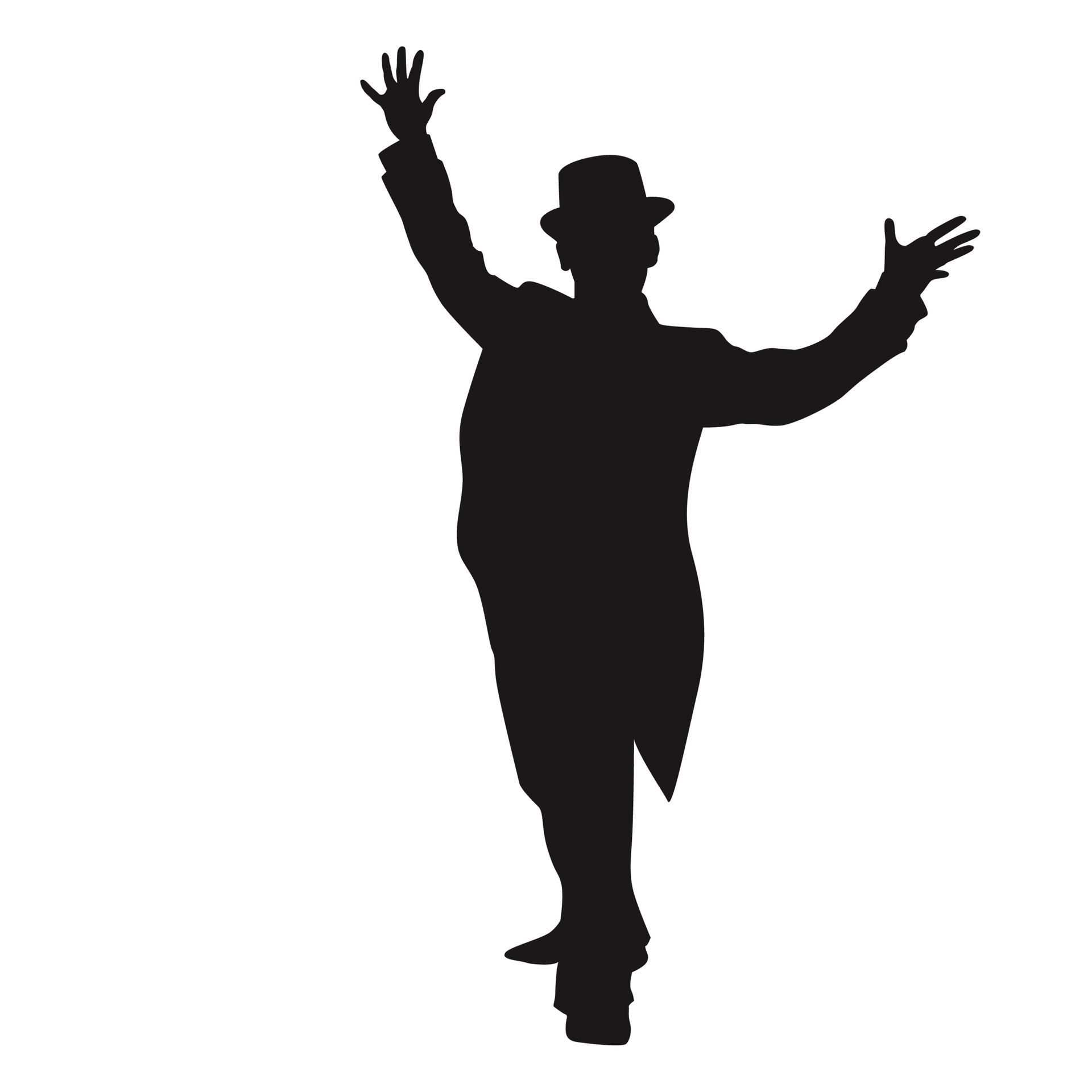 A silhouette of a man in a top hat with his arms outstretched.