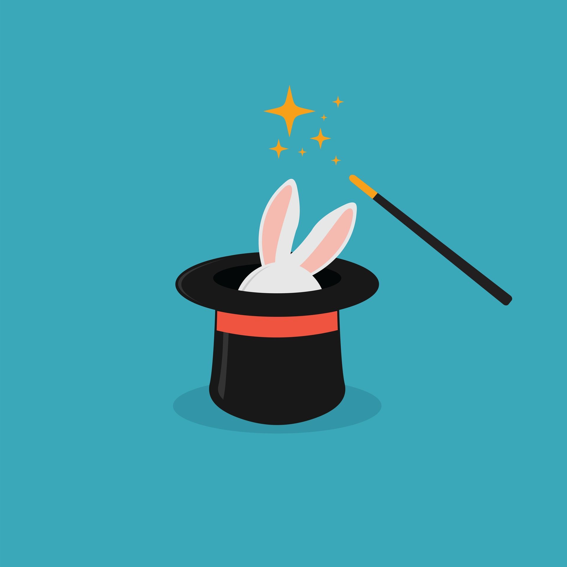 A rabbit is sticking its head out of a top hat with a magic wand.