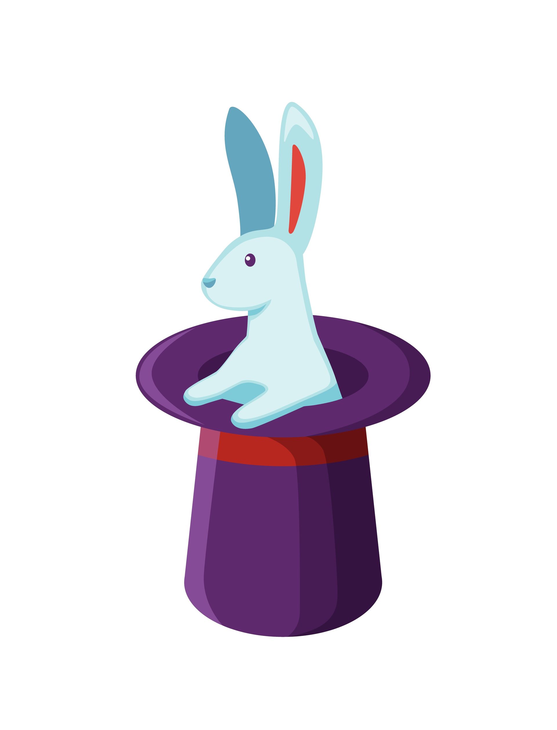 A white rabbit is sitting in a purple top hat.