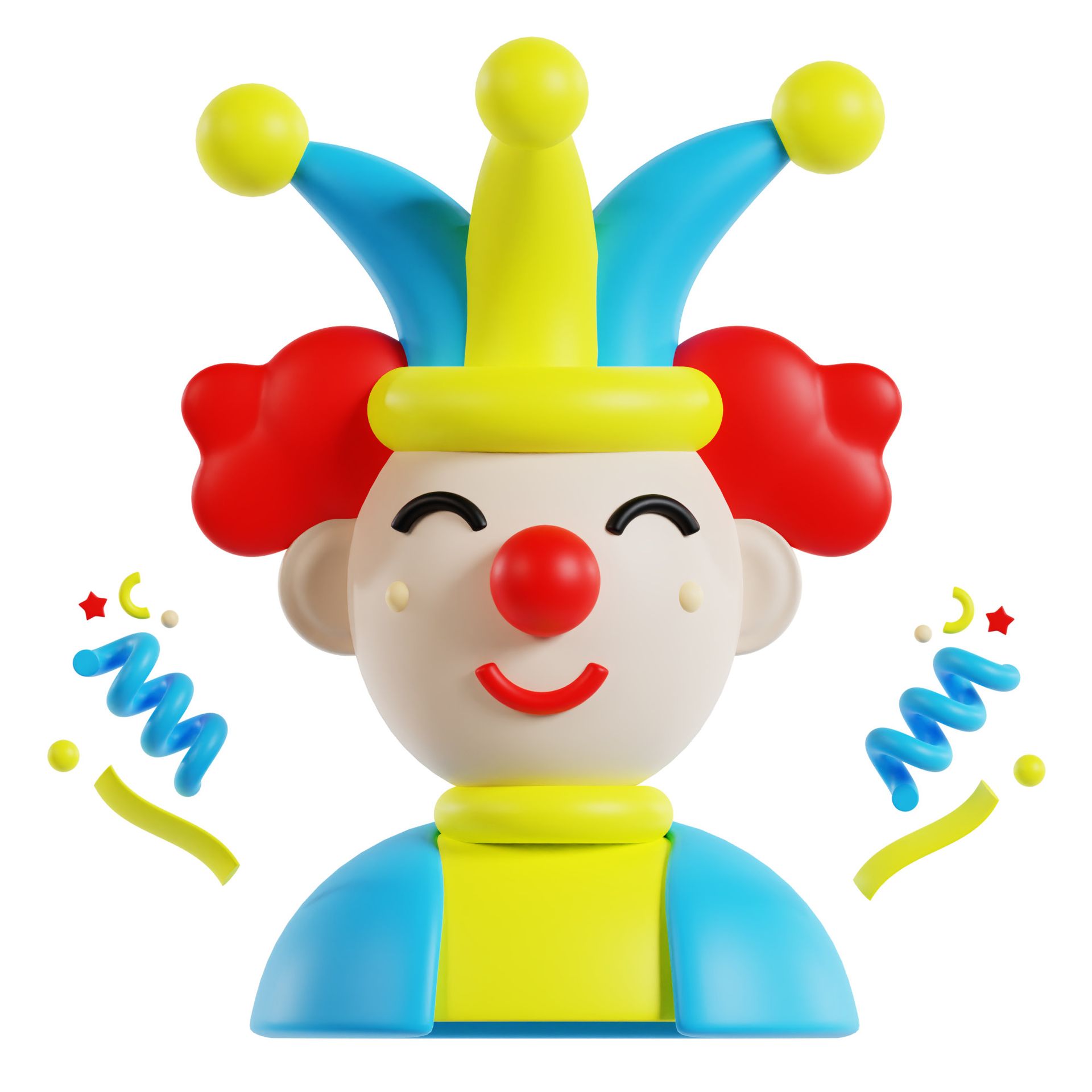 A clown with a yellow hat and red hair is smiling.