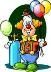 A cartoon clown is holding a bunch of balloons.