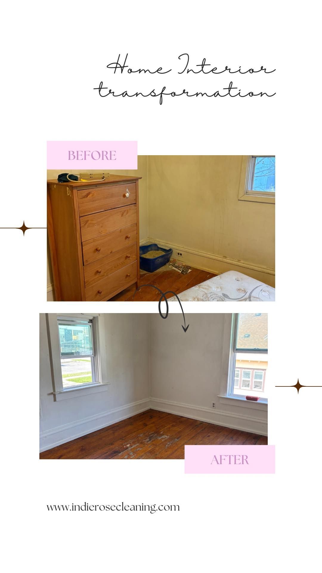 Side-by-side room transformation: Before with wooden dresser; After with white walls, trim, and new floors.