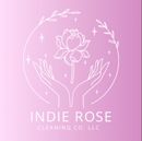 Logo for "Indie Rose Cleaning Co. LLC": white outline of hands holding a flower inside a circle, on a pink background.