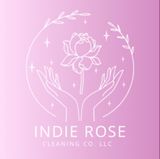Logo for "Indie Rose Cleaning Co. LLC": white outline of hands holding a flower inside a circle, on a pink background.