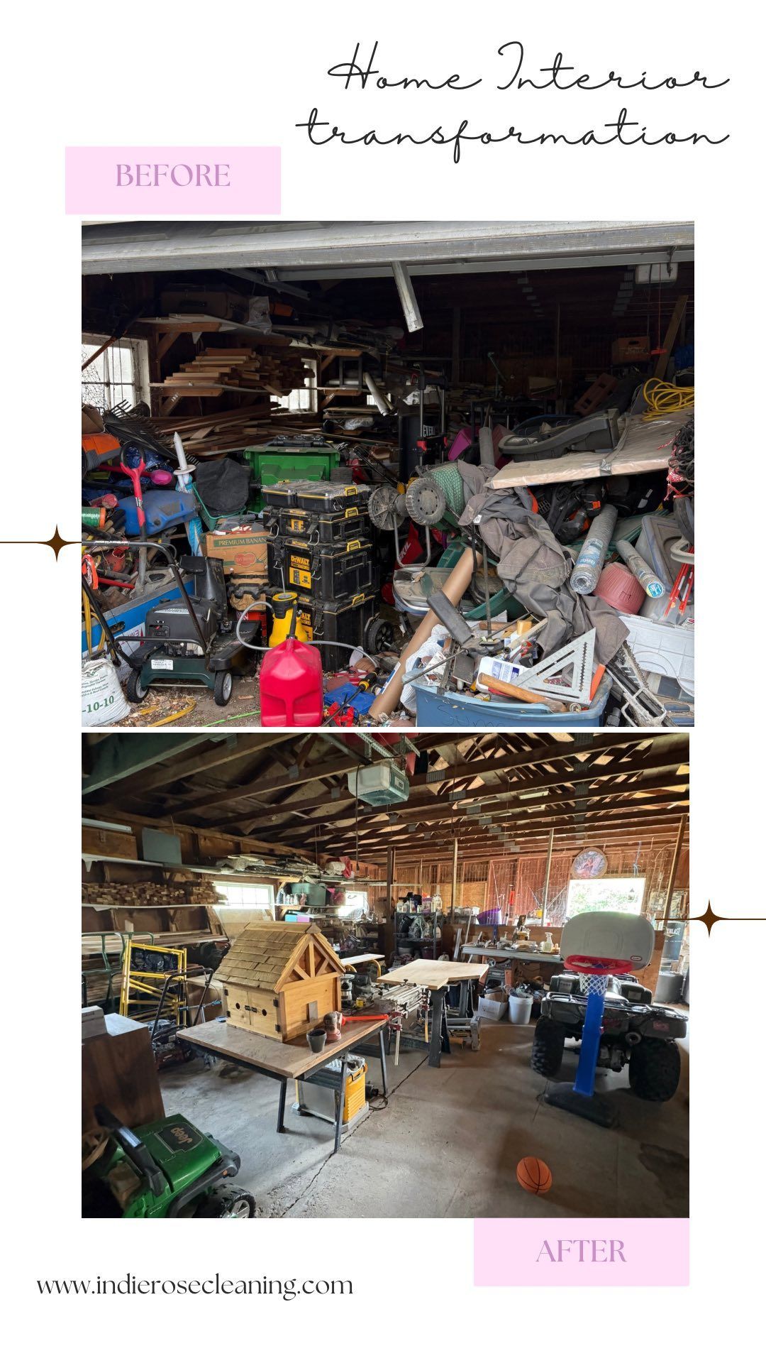 Before and after garage transformation. Top: cluttered garage. Bottom: organized garage with work benches.