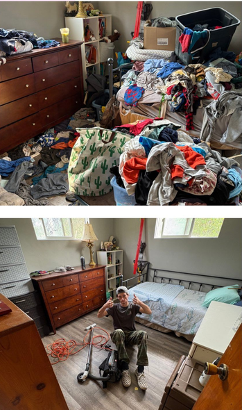 Top: Messy room with clothes scattered. Bottom: Clean room, man giving thumbs-up.