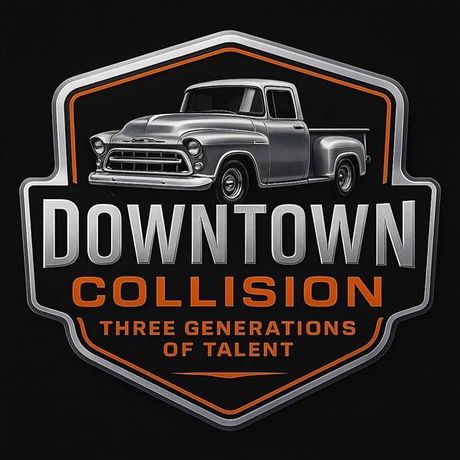 A silver vintage pickup truck logo for Downtown Collision with the text "Three Generations of Talent."