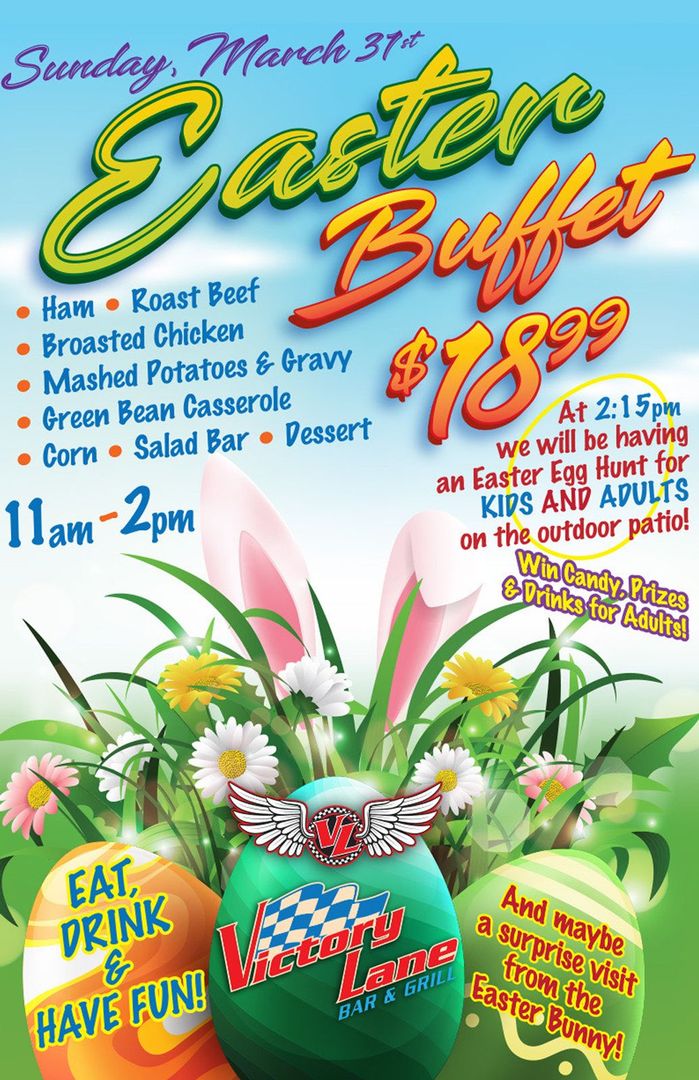 A flyer for an easter buffet with a green egg with wings on it