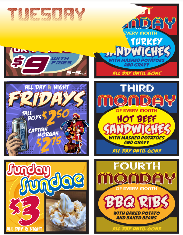 A collage of advertisements for different days of the week