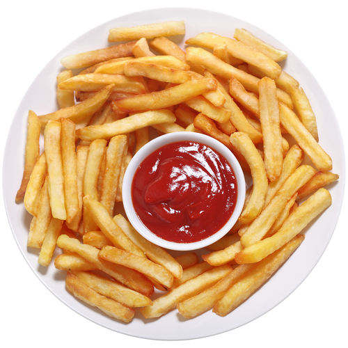 French Fries on a plate with ketchup dip in the middle.