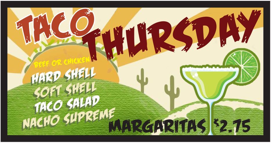 A taco thursday sign with a margarita on it.
