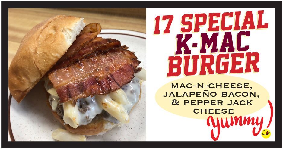 A special k-mac burger with macaroni cheese bacon and pepper jack cheese