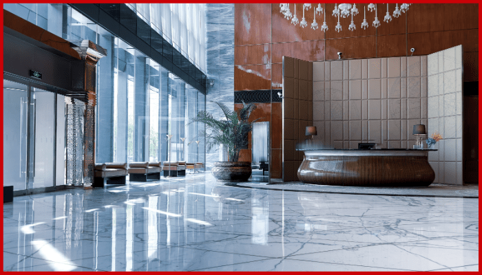 marble flooring in a commercial building lobby.