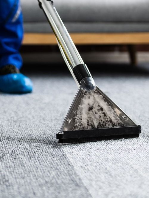 A person is cleaning a carpet with a vacuum cleaner.