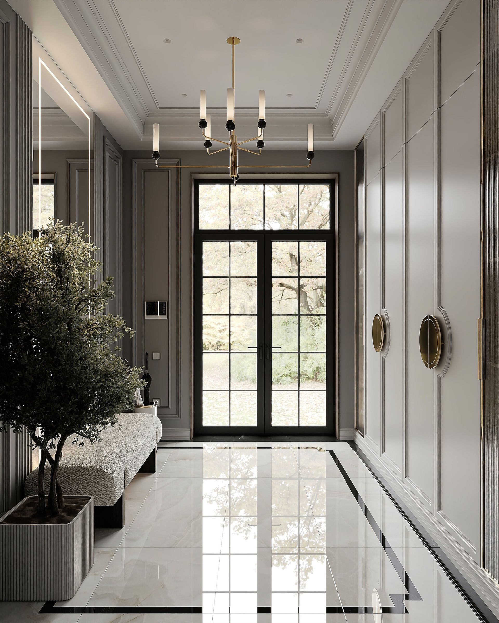 A hallway with a bench and a chandelier hanging from the ceiling.