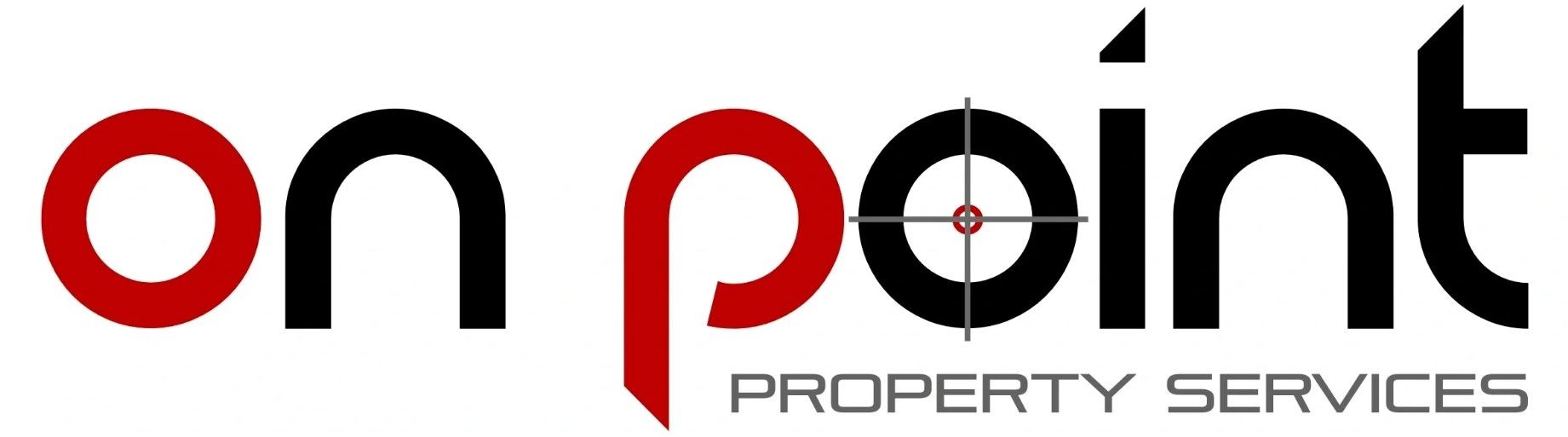 A red and black logo for on point property services