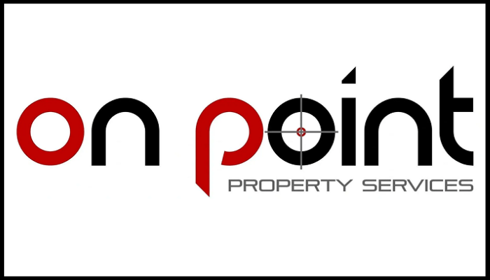 The logo for on point property services has a target on it.