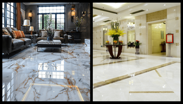 Side-by-side image of polished marble floors in a stylish home living room and a commercial hotel lobby.