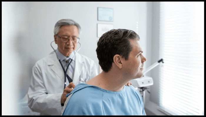 Doctor using a stethoscope to examine a patient’s lungs during a health consultation, emphasizing routine monitoring for those exposed to silica dust
