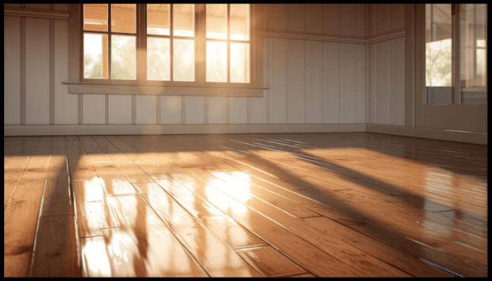 Shiny wooden floor and clean window reflecting light after a professional end of lease clean.