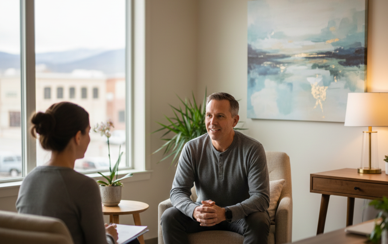 Client receiving individual addiction counseling from a licensed therapist at Trailhead Counseling in Bozeman, MT.