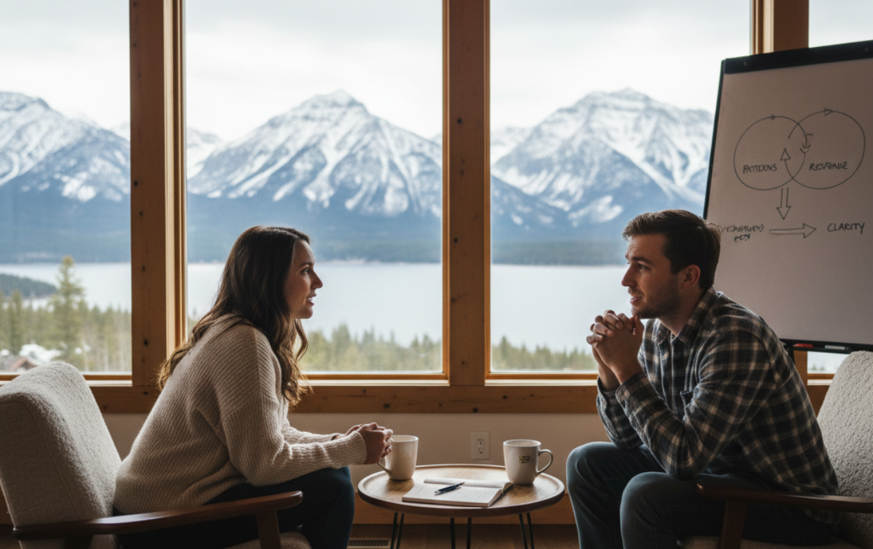 Private individual counseling session in Bozeman, MT, with a therapist supporting a client in a calm office overlooking mountain scenery.