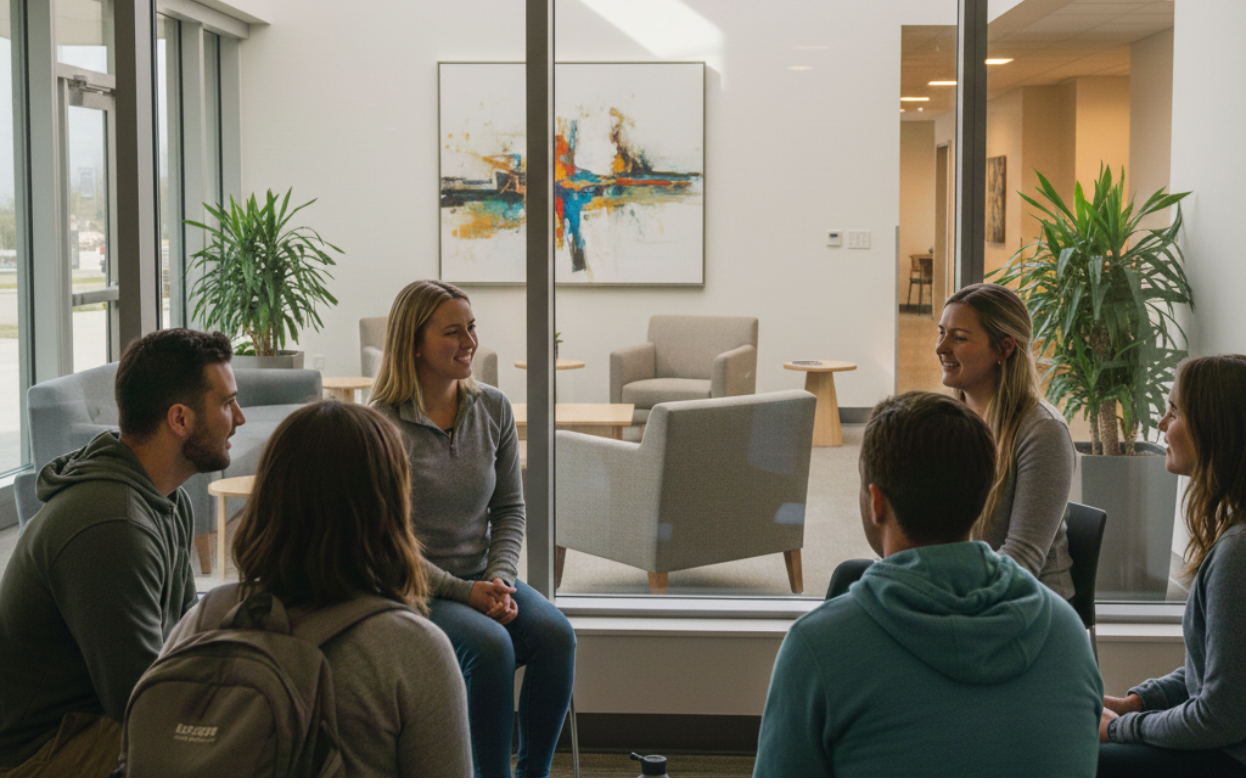 Clients engaged in a supportive IOP group discussion at Trailhead Counseling Center in Bozeman, MT.