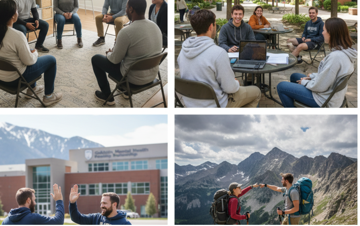 A recovery support group meeting outdoors in Bozeman, Montana as part of the local recovery ecosystem.