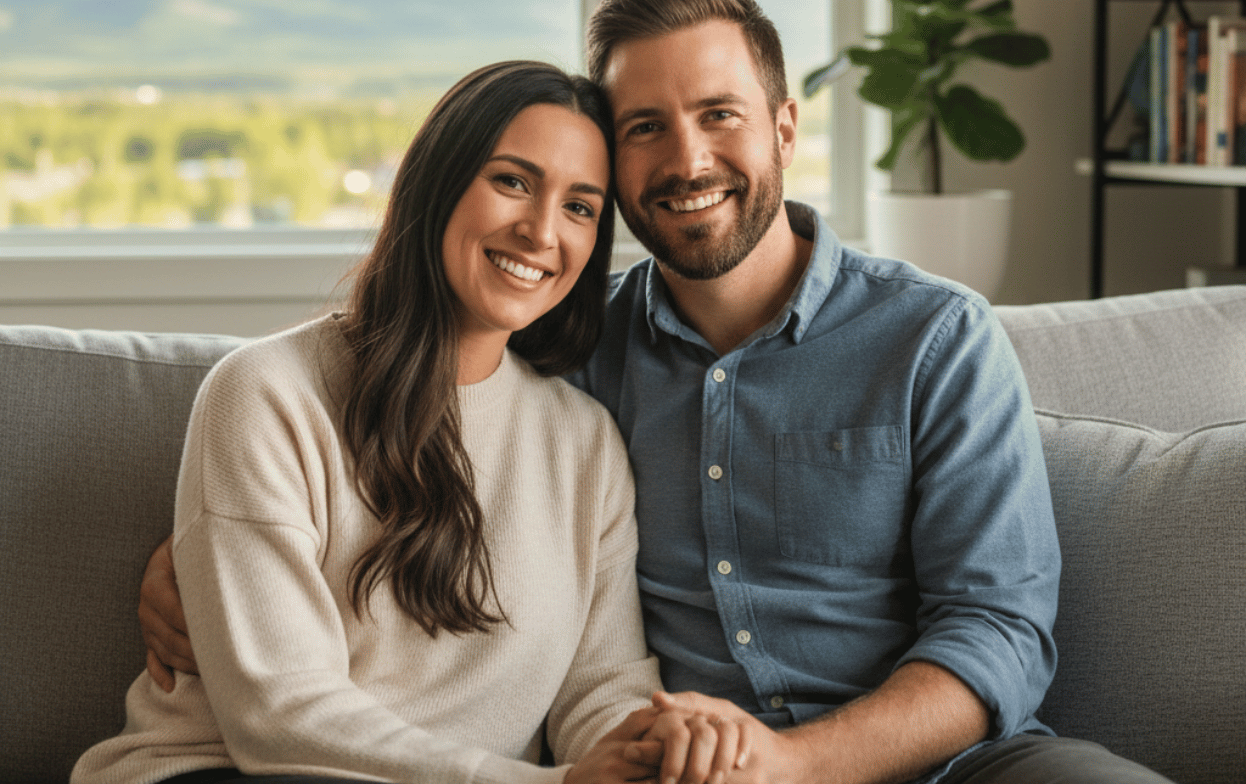 Couple sitting together and smiling during a supportive couples therapy session