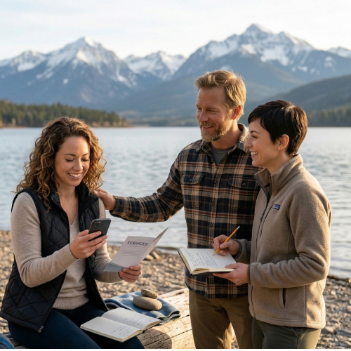 People discussing trauma recovery and counseling services near Bozeman Montana with mountain landscape