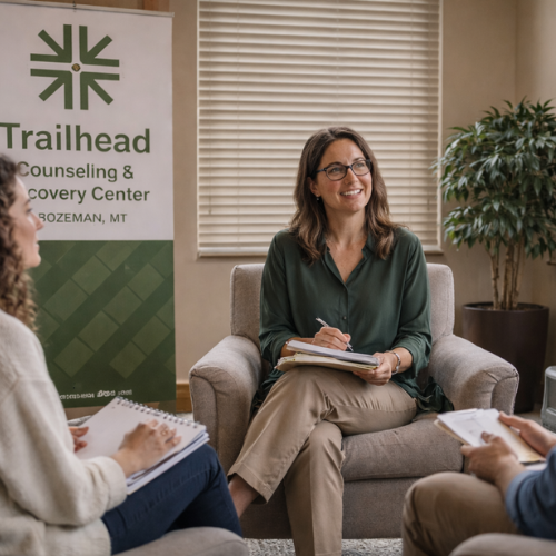 Clinical supervision meeting in Bozeman, MT with Trailhead counselor and supervisees in a professional office