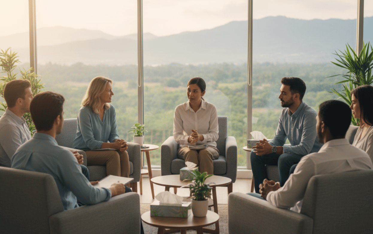 Group counseling session overlooking the mountains, representing community support and addiction recovery services in Whitefish, Montana.