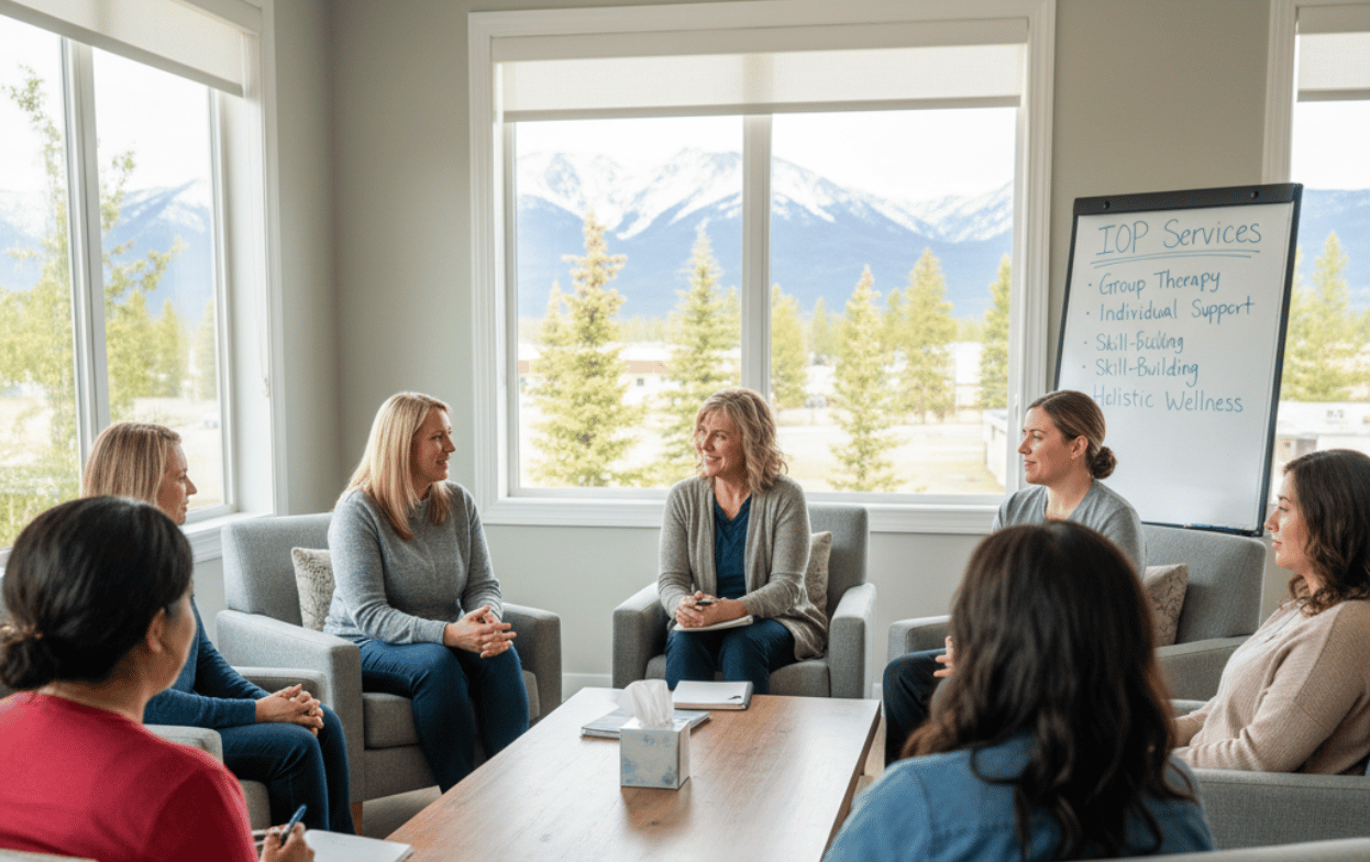 Whitefish IOP group session focusing on recovery, support, and skill-building at Trailhead Counseling & Recovery Center.