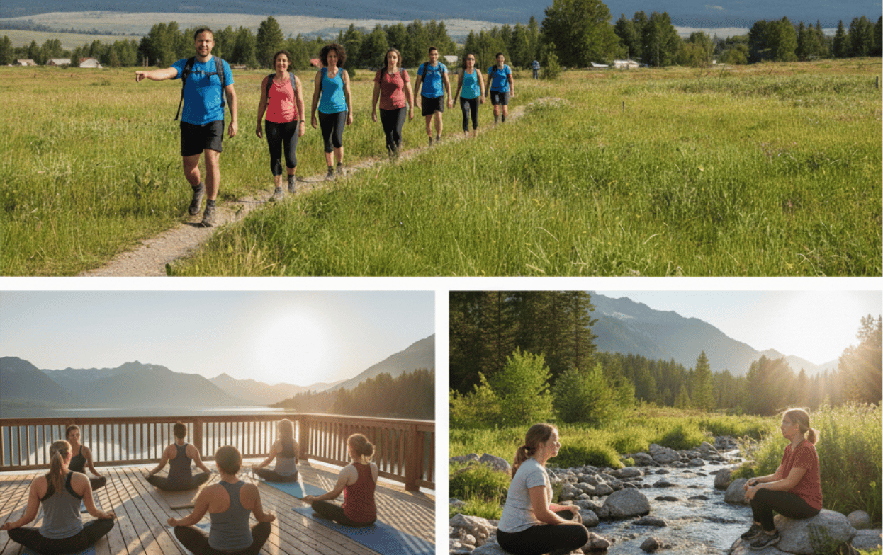 Outdoor wellness and recovery activities in Whitefish, including group hiking, yoga, and mindful nature reflection as part of Trailhead Counseling & Recovery Center’s local recovery ecosystem.