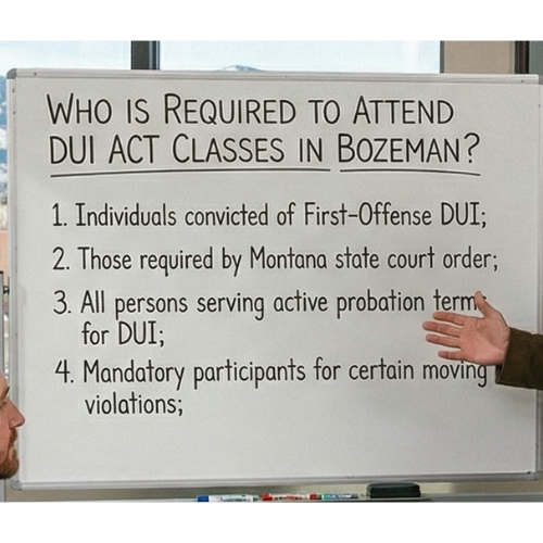 Whiteboard listing who must attend DUI Act classes in Bozeman. A hand gestures toward text.
