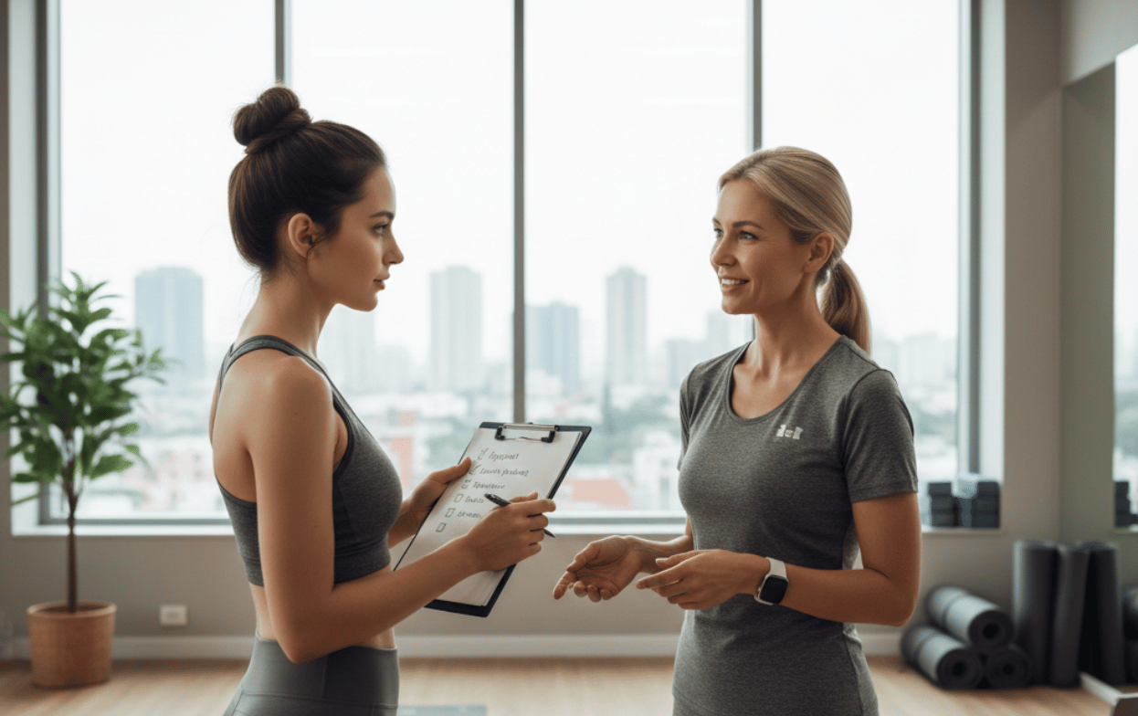 Wellness practitioner speaking with a client during a yoga and mindfulness intake consultation at Trailhead Counseling in Montana