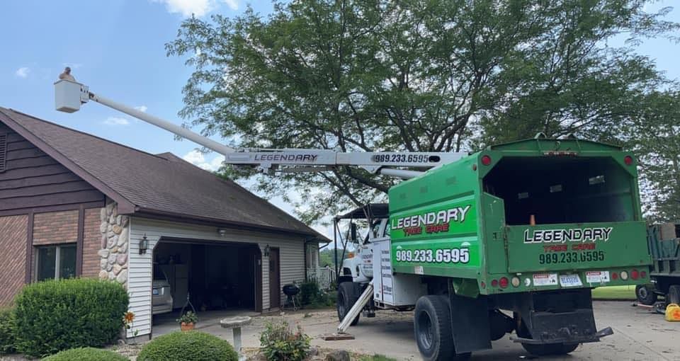 Legendary Tree Care LLC | green tree chipper is parked in front of a house.