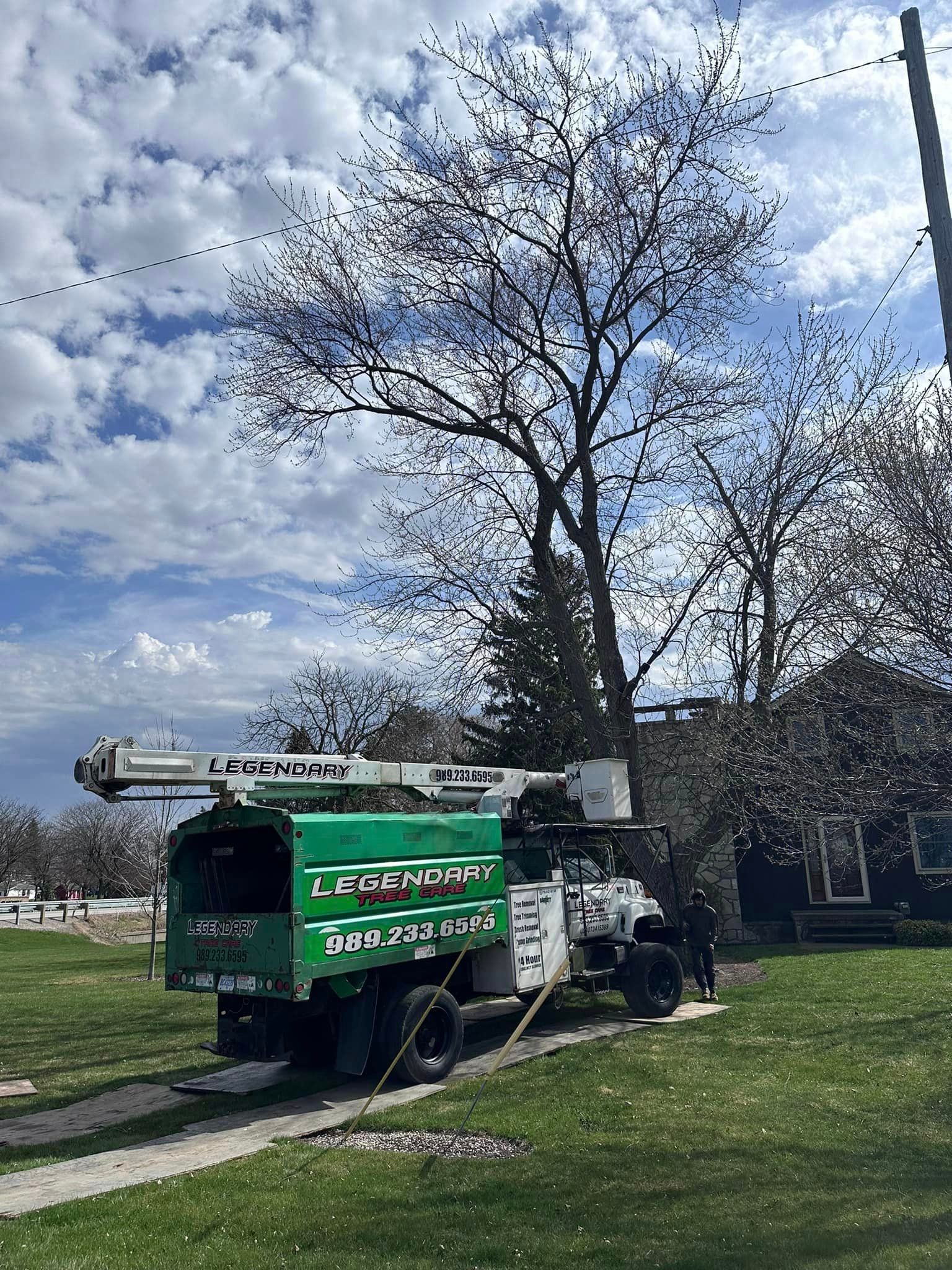 Legendary Tree Care LLC | green truck with a crane on top of it is cutting a tree.