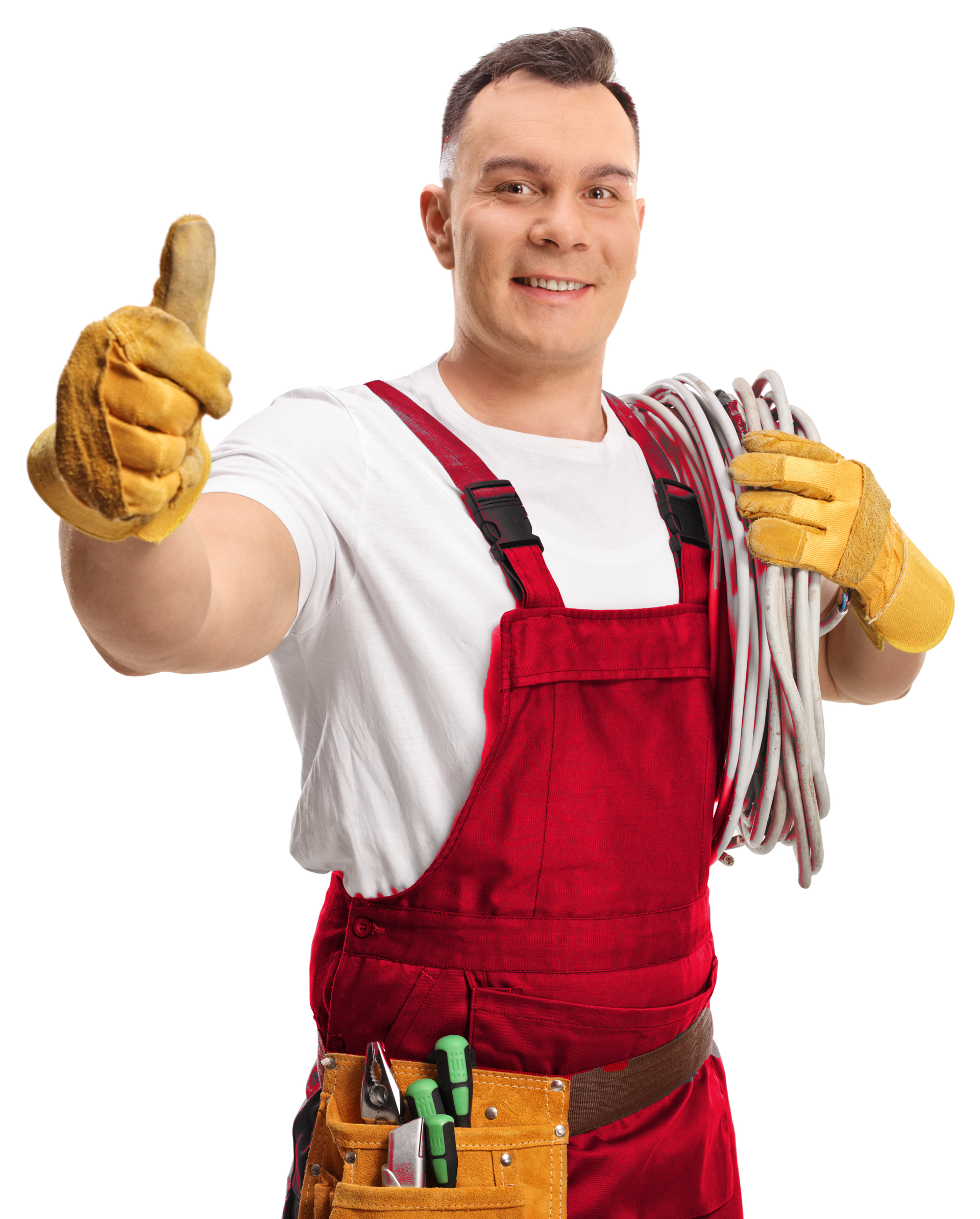 A man in red overalls is holding a rope and giving a thumbs up.