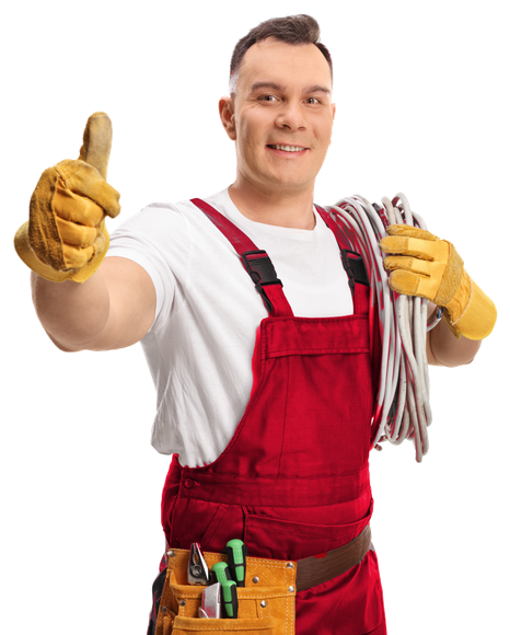 A man in red overalls is holding a rope and giving a thumbs up.