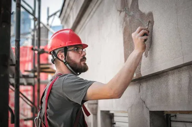 Construction worker repairing cracks on a building facade.