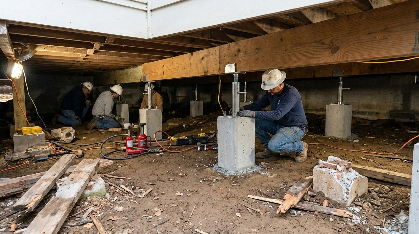 Workers installing crawl space jacks for foundation repair.