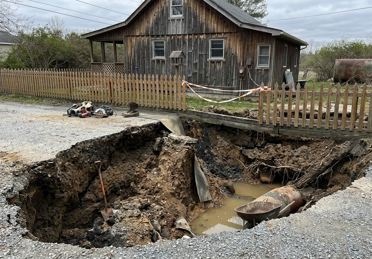 Large sinkhole in a gravel road near a wooden house.